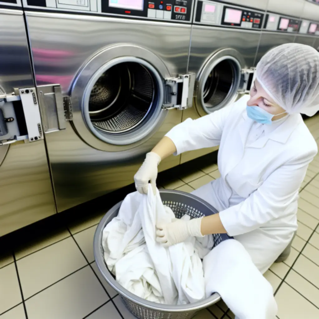 Szállodai mosoda személyzete higiénikus munkaruhában, fertőtlenített textíliákkal